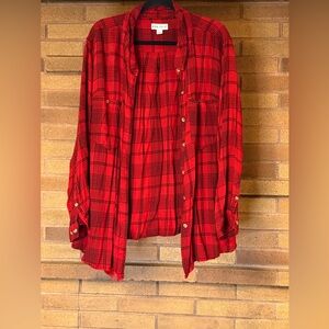 Red Plaid Button-Down Flannel Style